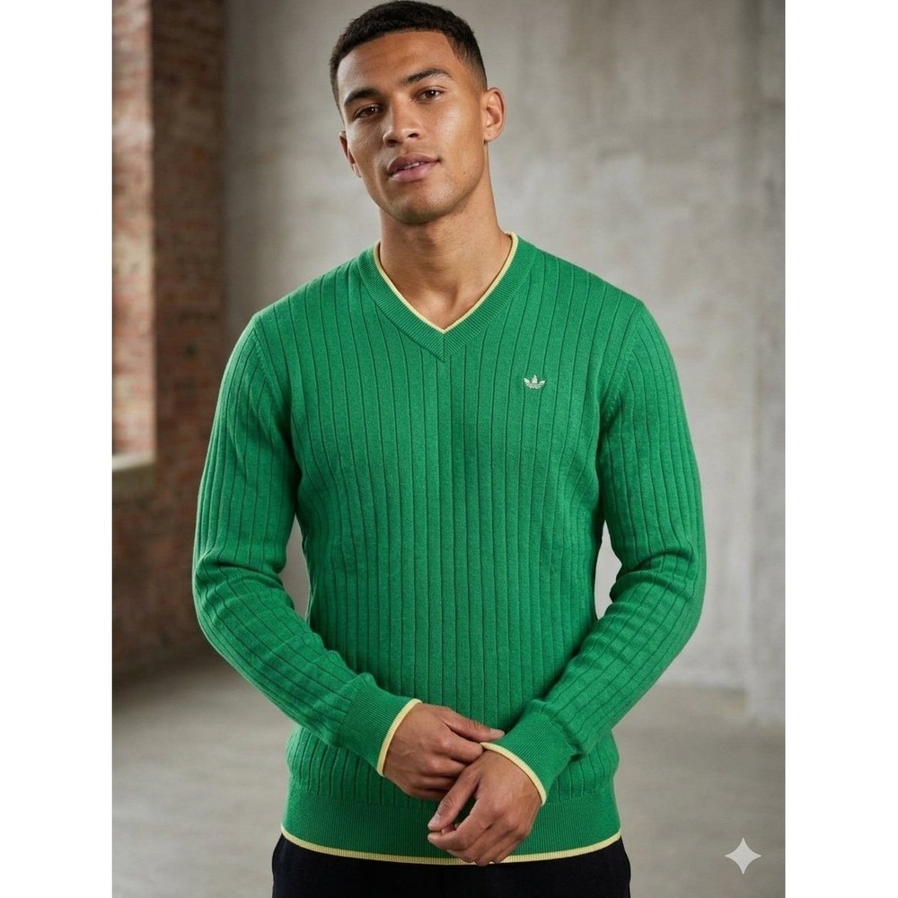 adidas Originals Men Cashmere Knit Golf Sweater Green V-Neck, Size XL